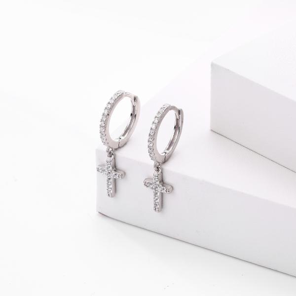Silver Cross Charm Huggie Earrings