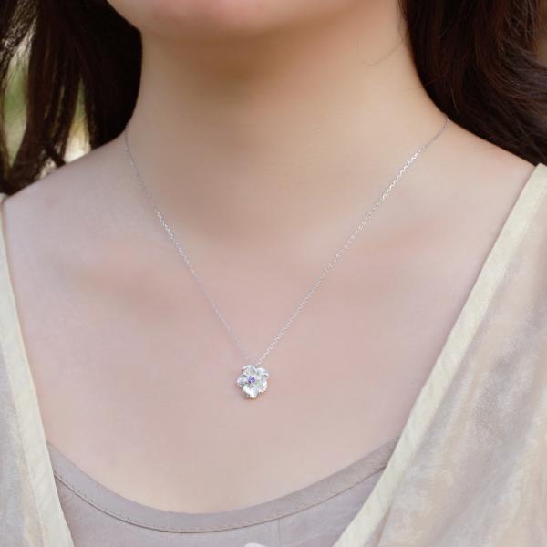 Silver Floral Pendant Necklace with Crystal