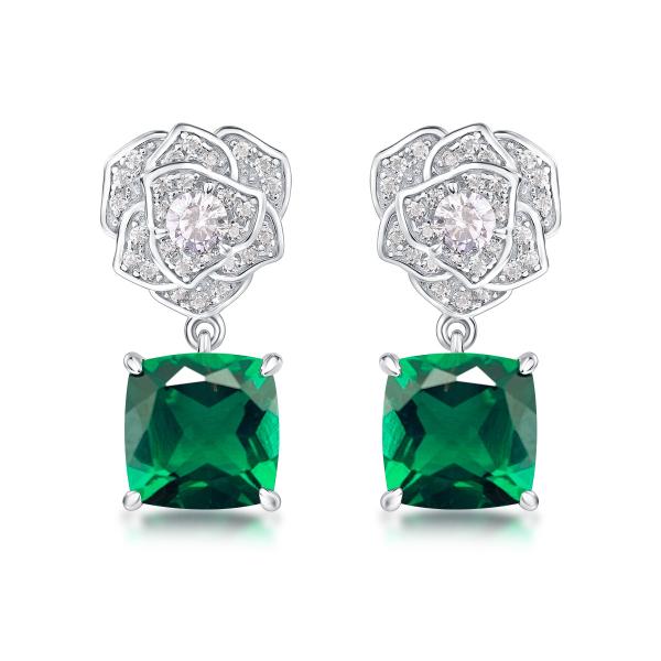 Silver Floral Green Drop Earrings