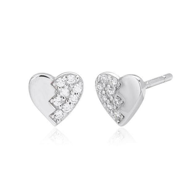 Silver Heart Pavé Stud Earrings