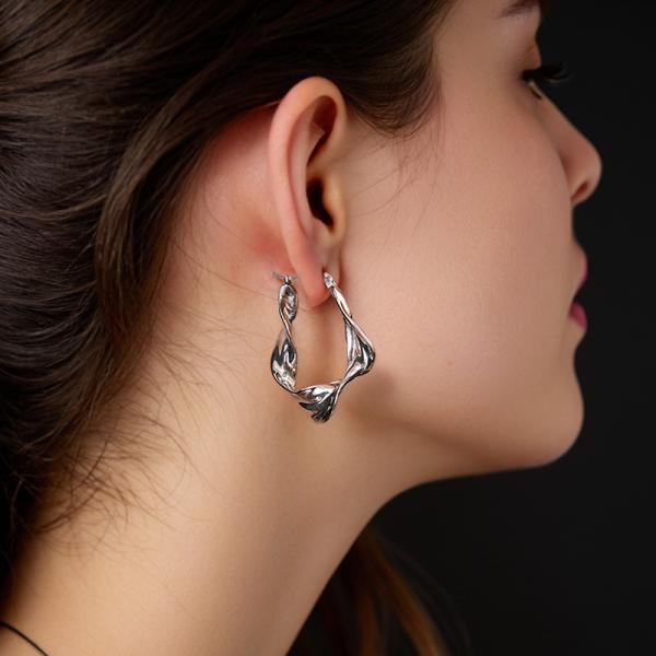 Abstract Silver Hoop Earrings