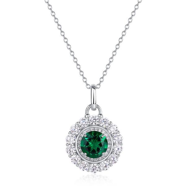 Round Green Halo Pendant Necklace