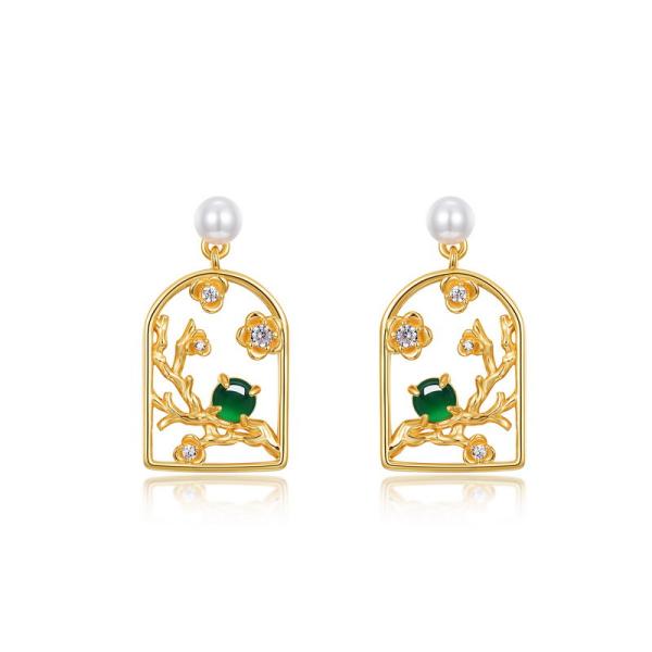 Gold Floral Motif Dangle Earrings with Pearls