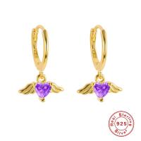 Gold Huggie Earrings with Purple Heart Charms