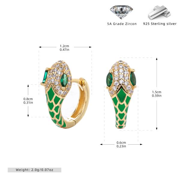 Gold Snake Huggie Earrings with Green Enamel