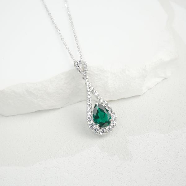Silver Emerald Halo Pendant Necklace
