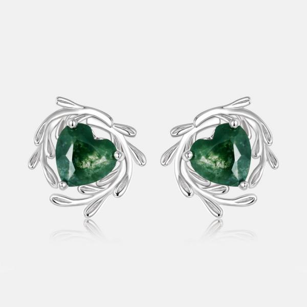 Silver Jade Heart Floral Stud Earrings