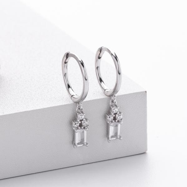 Silver Cubic Zirconia Drop Huggie Earrings