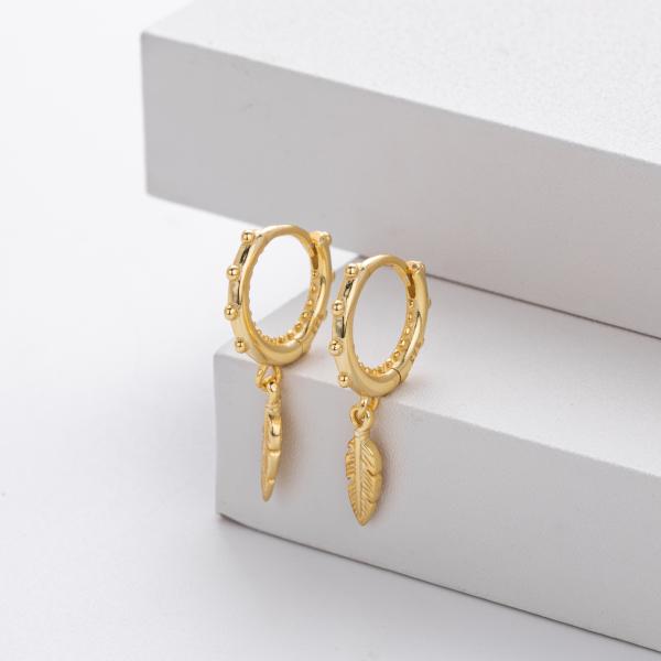Gold Feather Dangle Huggie Earrings