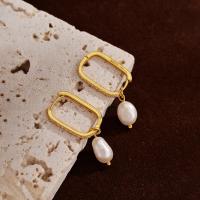 Gold Rectangular Hoop Earrings with Pearl Drops