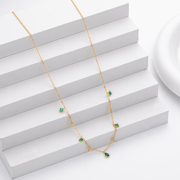 Gold Green Stone Station Necklace