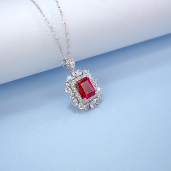 Red Stone Halo Silver Pendant Necklace
