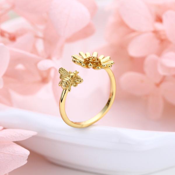 Gold Floral Bee Open Band Ring