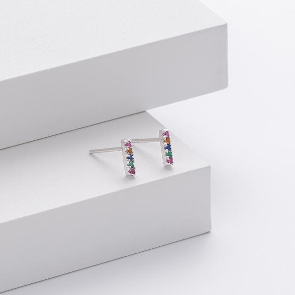 Silver Multicolor Stone Bar Stud Earrings