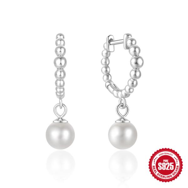 925 Silver Beaded Pearl Drop Hoop Earrings