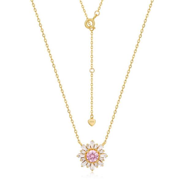 Gold-Plated Pink Floral CZ Pendant Necklace