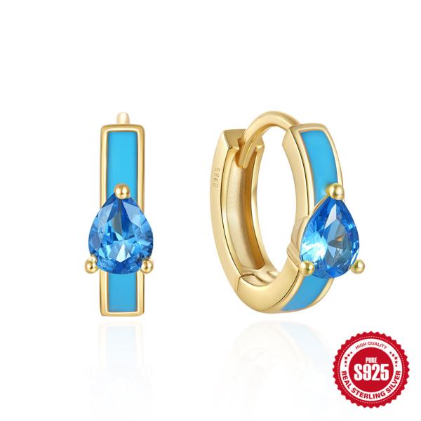 Gold Huggie Earrings with Blue Crystal