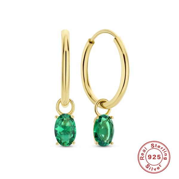 Gold Small Hoop Earrings with Green Stones