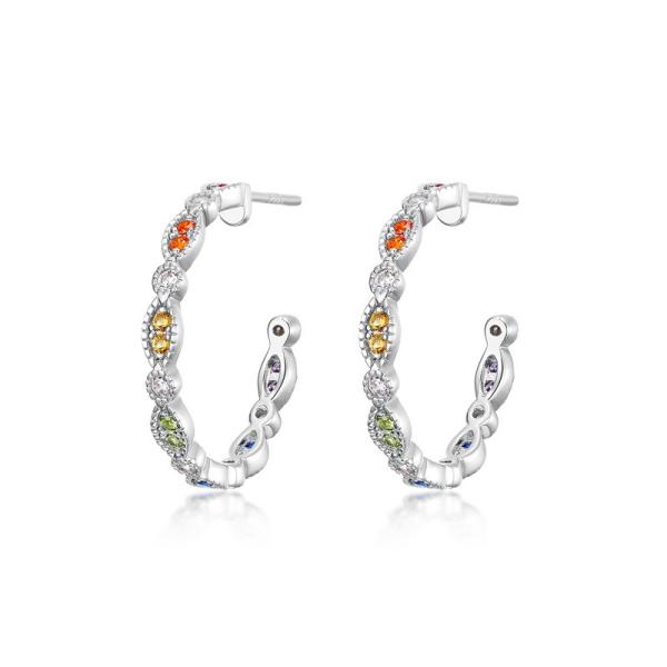 Silver Multicolor Stone Hoop Earrings