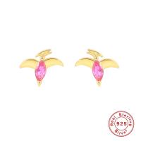 Gold Abstract Stud Earrings with Pink Stones