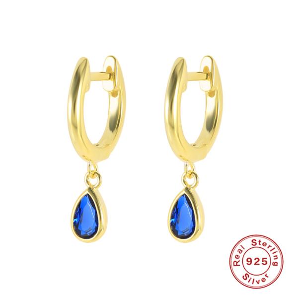 Gold Huggie Earrings with Blue Crystal Drop