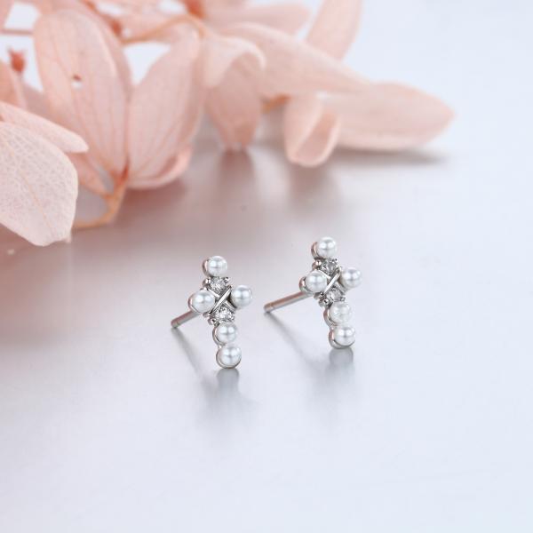 Silver Pearl Cross Stud Earrings