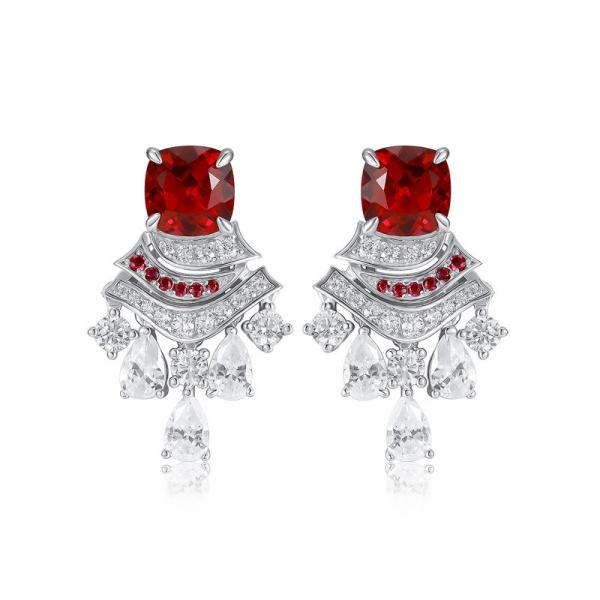 Silver Red Stone Chandelier Earrings