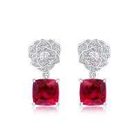 Silver Ruby Floral Dangle Earrings