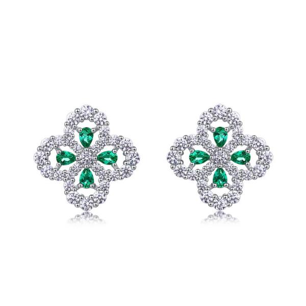 Silver Emerald Floral Stud Earrings