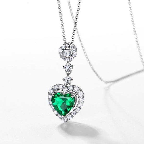 Emerald Heart Halo Silver Pendant Necklace