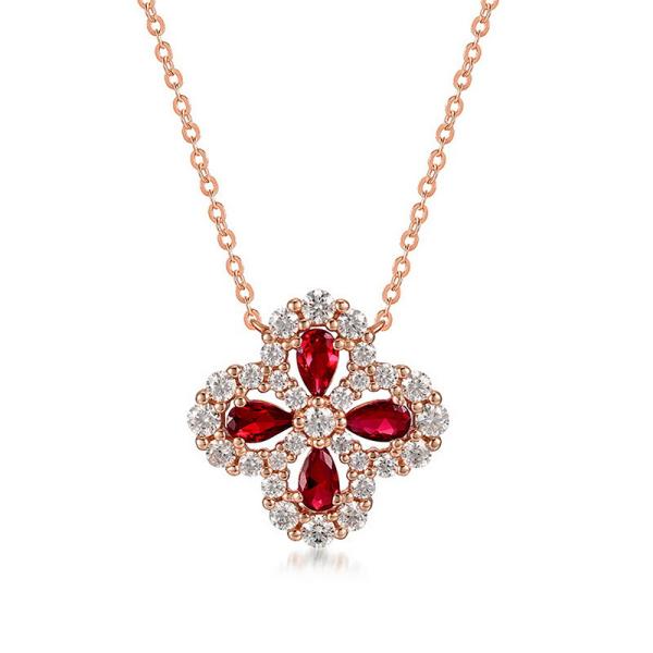 Ruby Cluster Rose Gold Pendant Necklace