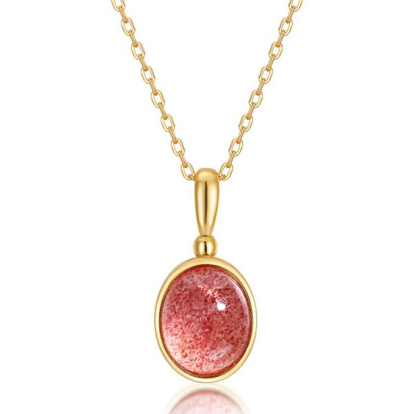 Gold Red Glass Oval Pendant Necklace