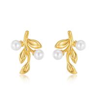 Gold-Plated Leaf Pearl Stud Earrings