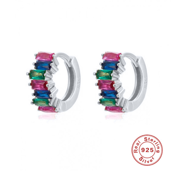 925 Silver Multicolor Stone Huggie Earrings