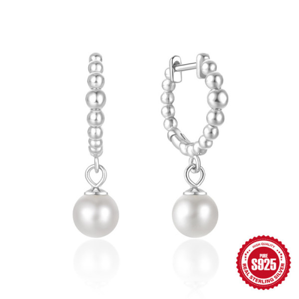 925 Silver Beaded Pearl Drop Hoop Earrings
