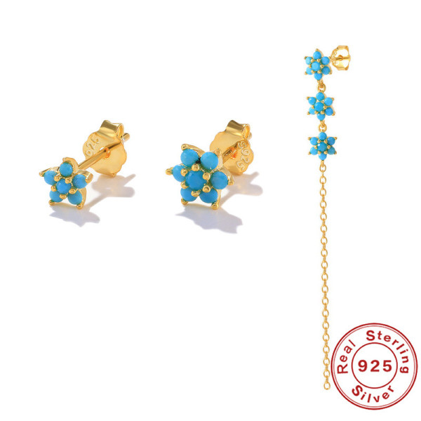 Turquoise Floral Stud Earrings in Gold Finish