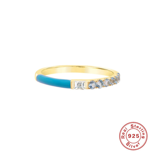 Gold Band with Blue Enamel and Cubic Zirconia