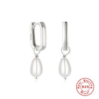 Silver Huggie Earrings with Pearl Drop