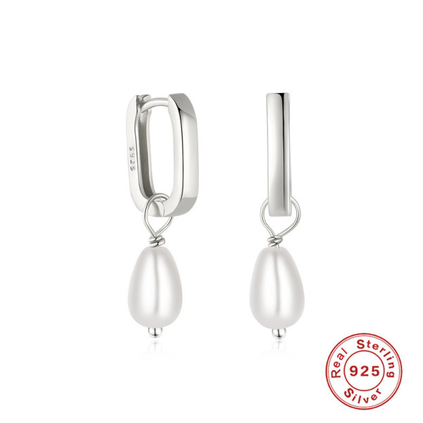 Silver Huggie Earrings with Pearl Drop