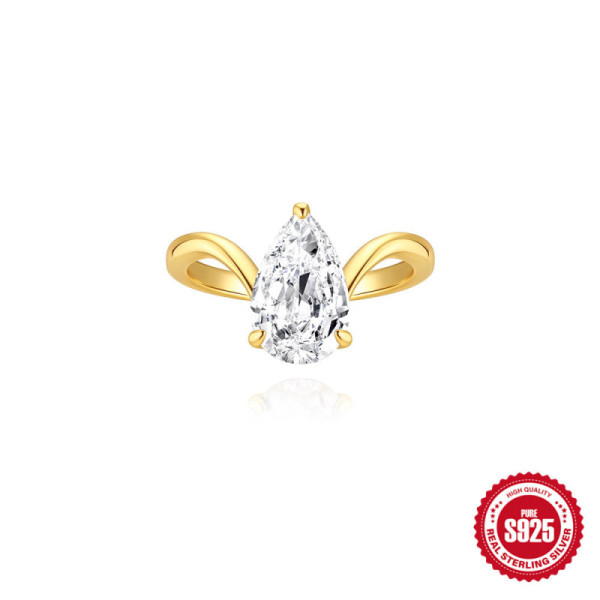 925 Silver Pear Cut Gold Tone Solitaire Ring