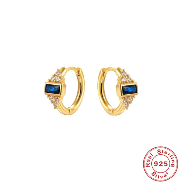 Gold Huggie Earrings with Blue Stones