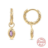 Gold Huggie Earrings with Leaf Charm