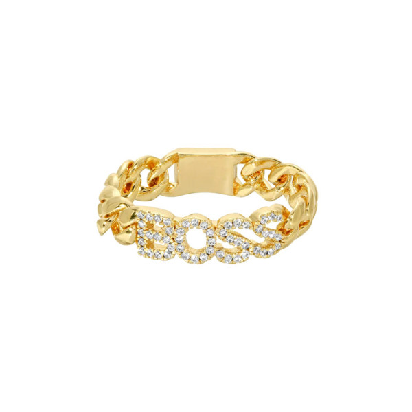 Gold Plated 'BOSS' Crystal Statement Ring
