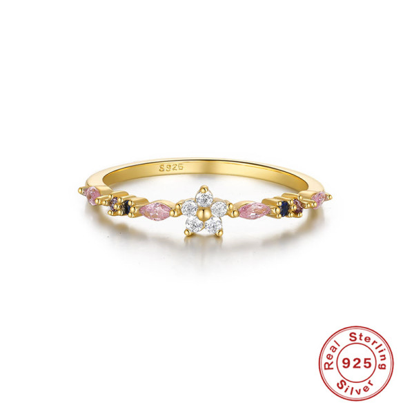 Gold-Plated Floral Gemstone Band Ring