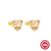 Gold-Finish Heart Stud Earrings with Pink Stones