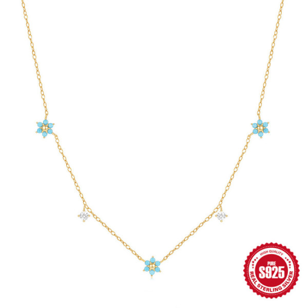 925 Silver Gold-Plated Turquoise Floral Station Necklace