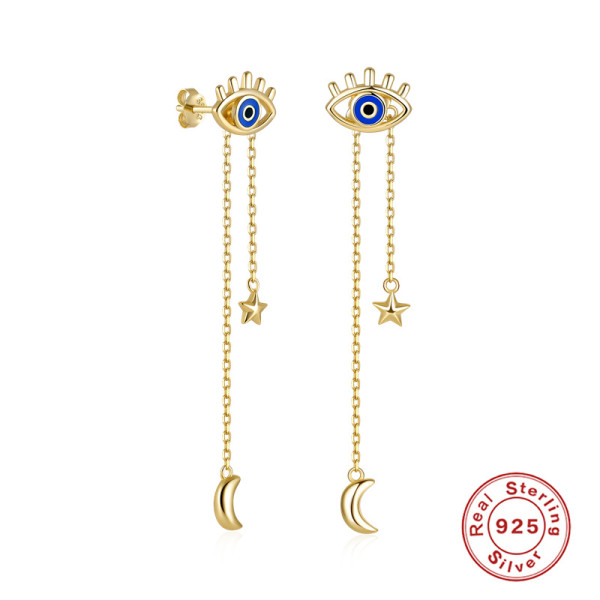 Gold Evil Eye Threader Earrings with Moon Charm