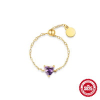 925 Silver Gold-Plated Amethyst Heart Chain Ring