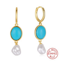 Turquoise & Pearl Dangle Earrings in 925 Silver