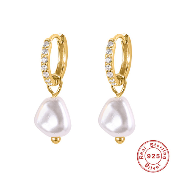 Gold-Plated Baroque Pearl Pavé Hoop Earrings